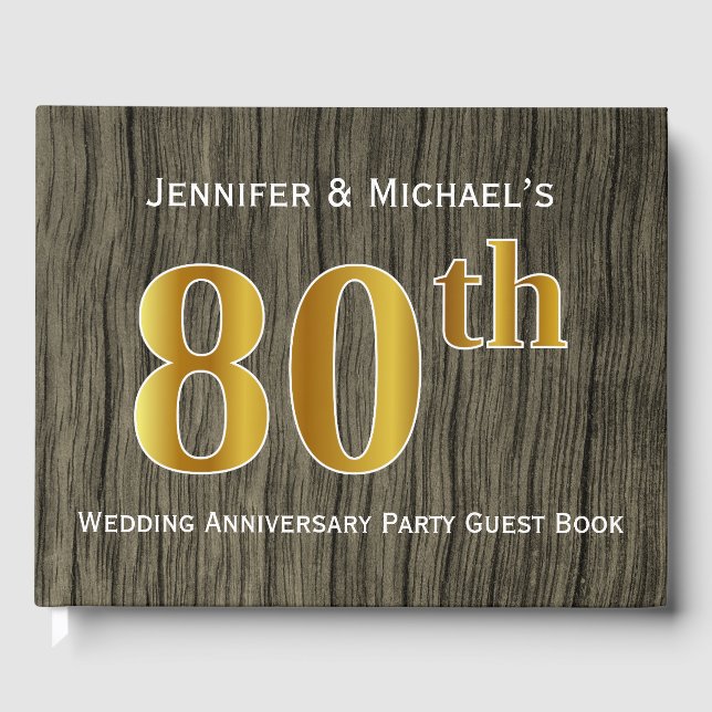Rustic, Faux Gold 80th Wedding Anniversary Party Guest Book (Front)