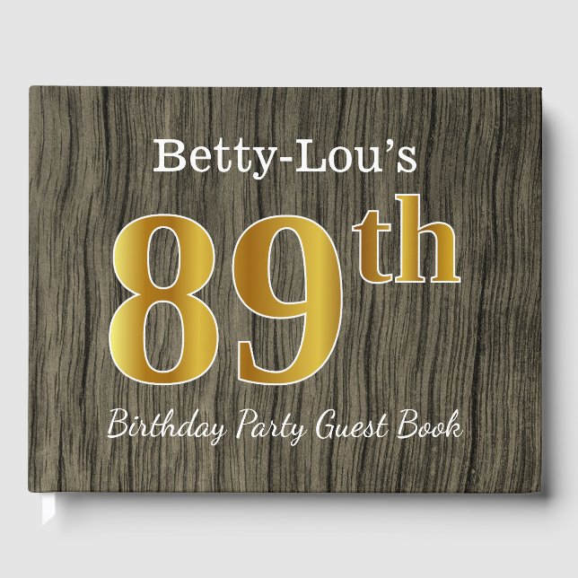 Rustic, Faux Gold 89th Birthday Party; Custom Name Guest Book (Front)