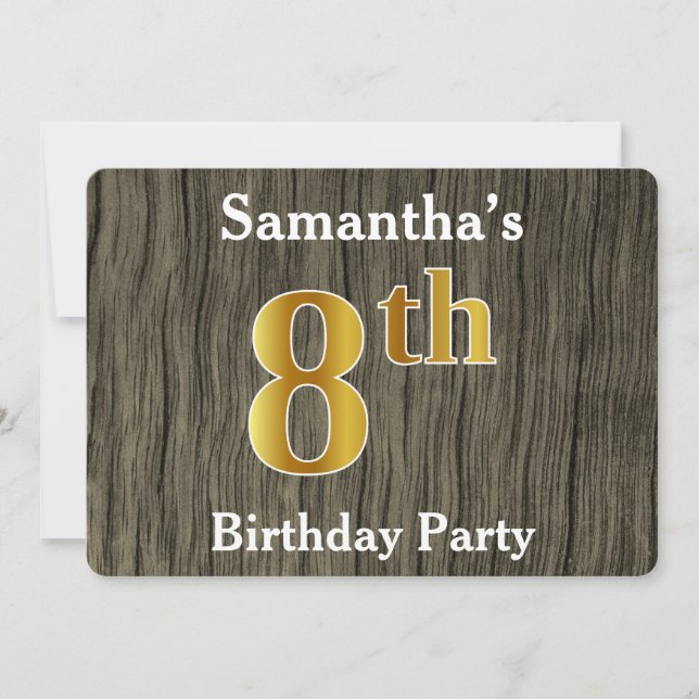 Rustic, Faux Gold 8th Birthday Party; Custom Name Invitation (Front)