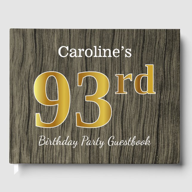Rustic, Faux Gold 93rd Birthday Party; Custom Name Guest Book (Front)