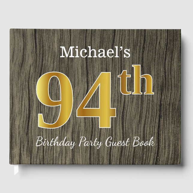 Rustic, Faux Gold 94th Birthday Party; Custom Name Guest Book (Front)