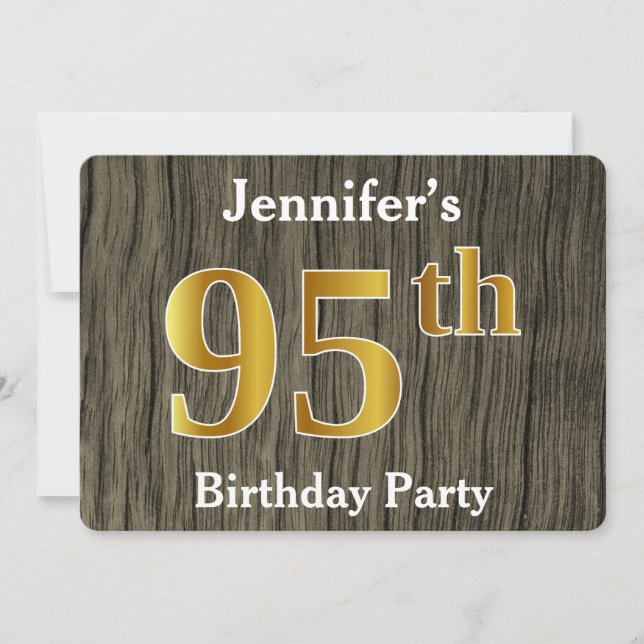 Rustic, Faux Gold 95th Birthday Party; Custom Name Invitation (Front)