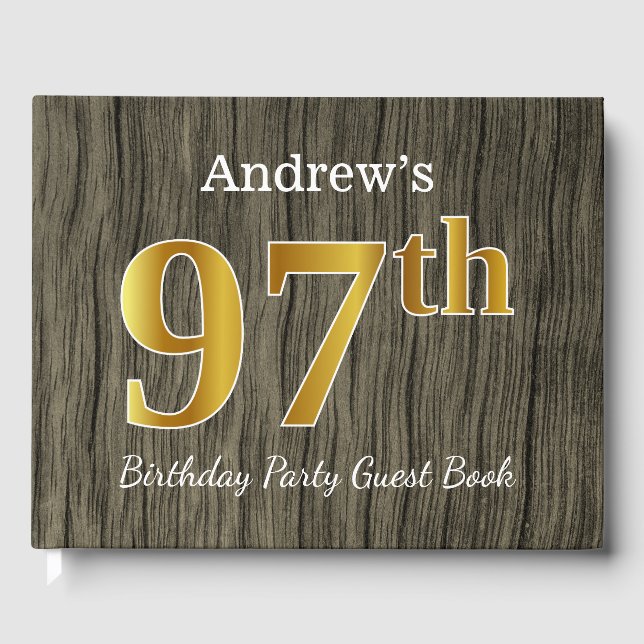 Rustic, Faux Gold 97th Birthday Party; Custom Name Guest Book (Front)