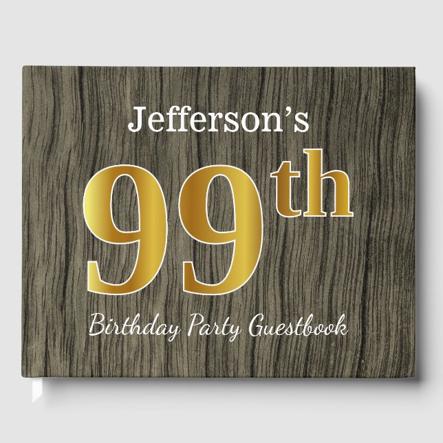Rustic, Faux Gold 99th Birthday Party; Custom Name Guest Book (Front)