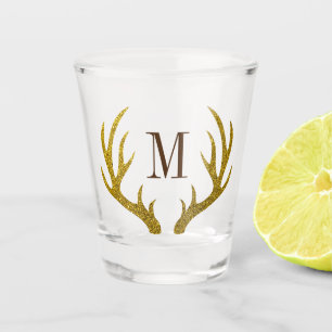 Rustic Faux Gold Glitter Deer Antlers   Monogram Shot Glass
