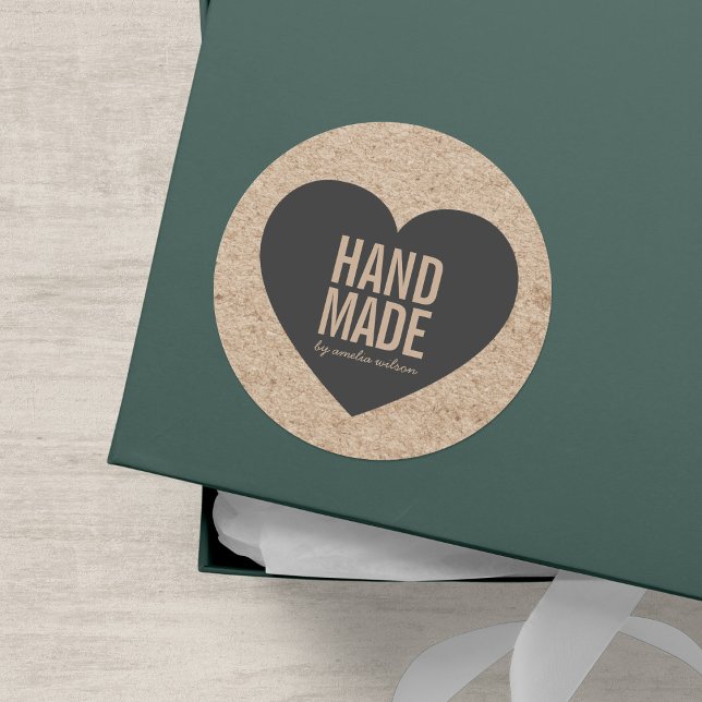 Rustic Faux Kraft and Grey Heart Handmade Classic Round Sticker (Creator Uploaded)