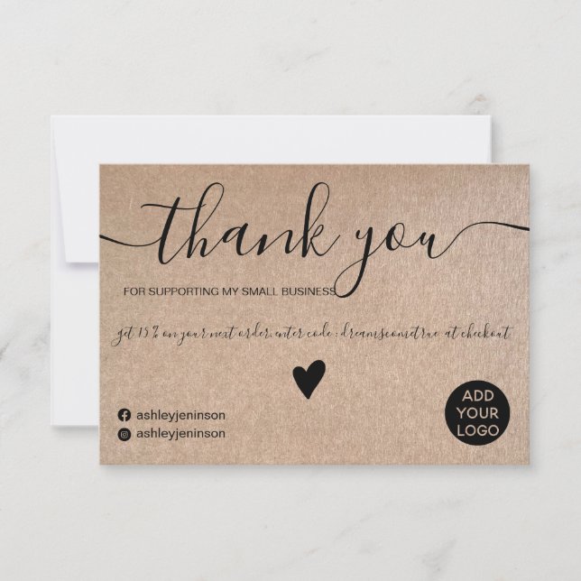 Rustic faux kraft black script  order thank you card (Front)