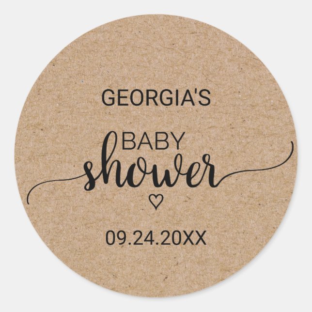 Rustic Faux Kraft Calligraphy Baby Shower Favour Classic Round Sticker (Front)