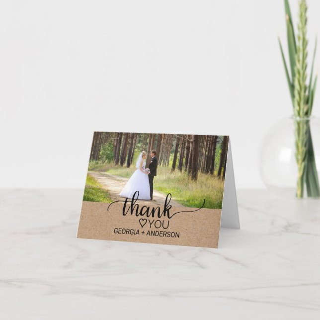 Rustic Faux Kraft Calligraphy Photo Thank You Card (Front)