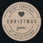 Rustic Faux Kraft Christmas Jam Merry Christmas Classic Round Sticker<br><div class="desc">Rustic Faux Kraft Bold "Christmas Jam Merry Christmas" sticker featuring dark grey heart, text all in dark grey against a kraft like pattern background. It's perfect for labelling what you've made. Personalise it by replacing the placeholder text. For more options such as to change the font, it's size, spacing between...</div>