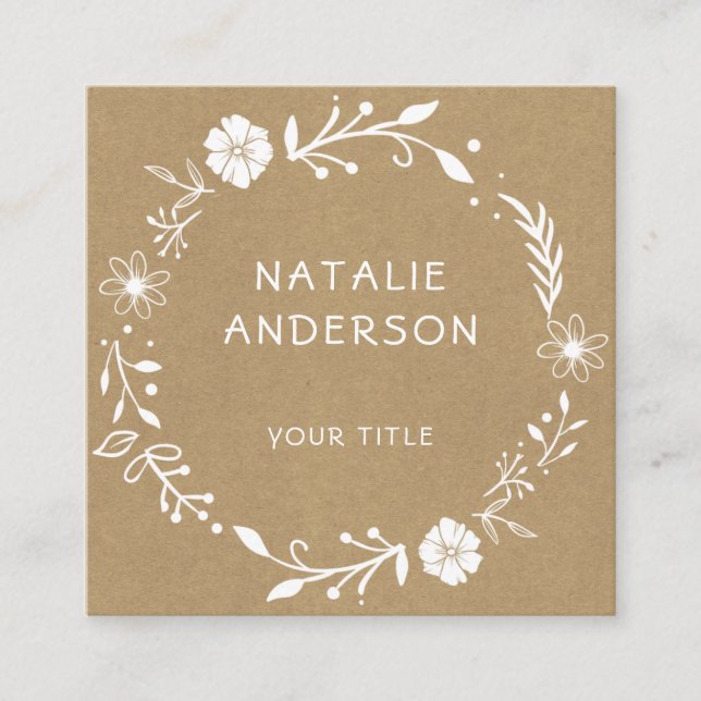 Rustic Faux Kraft Floral Wreath  Square Business Card (Front)