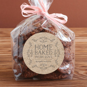 Rustic Faux Kraft Flourishes Home Baked With Love Classic Round Sticker
