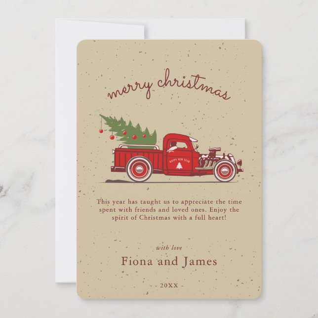 Rustic Faux Kraft Red Truck Tree Personalised Holiday Card (Front)