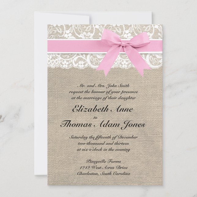 Rustic Faux Lace Burlap Wedding Invitation Pink (Front)