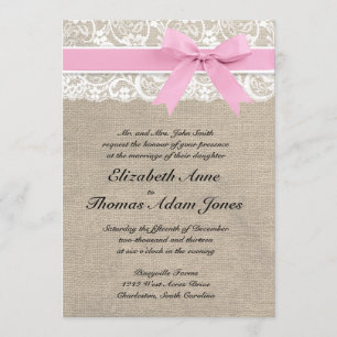 Rustic Faux Lace Burlap Wedding Invitation Pink