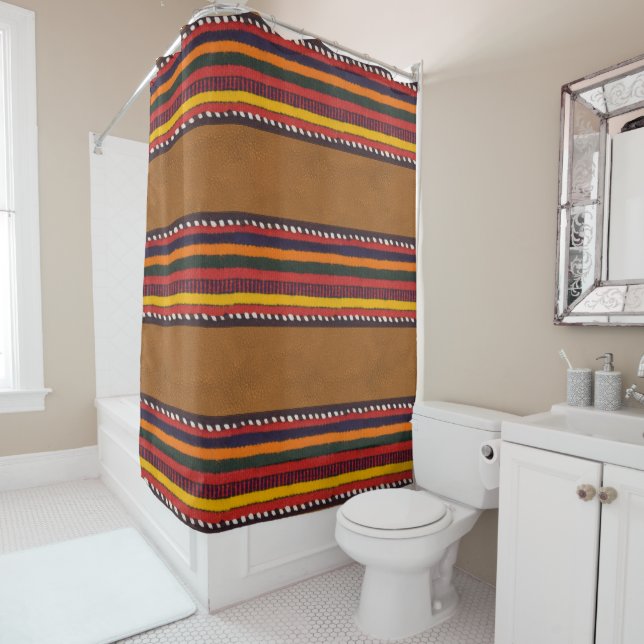 Rustic Faux Leather Ethnic Stripes Boho Western Shower Curtain (In Situ)