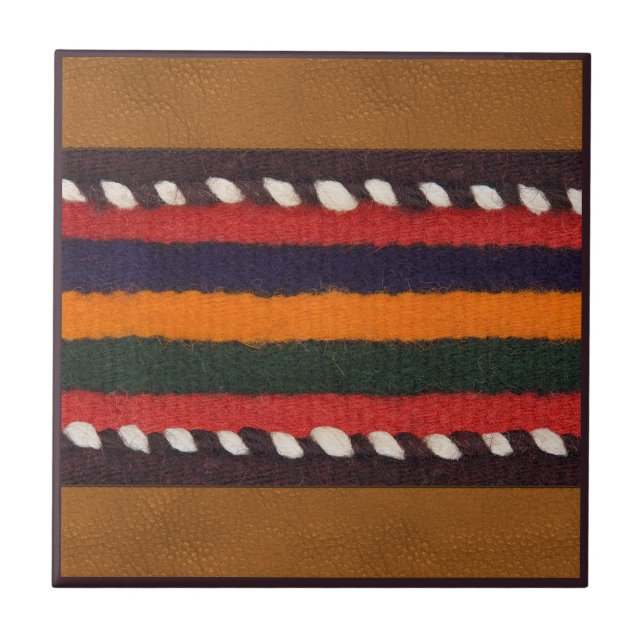 Rustic Faux Leather Ethnic Stripes Boho Western Tile (Front)