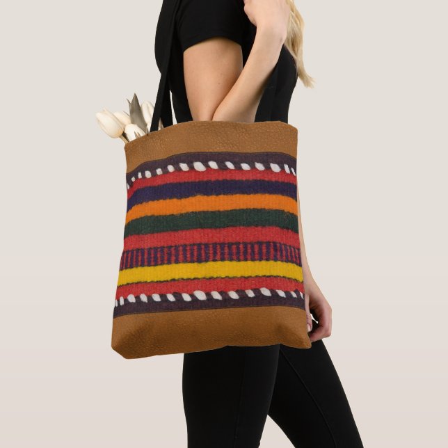 Rustic Faux Leather Ethnic Stripes Chic Western Tote Bag (Close Up)