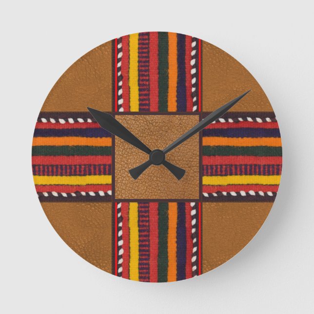 Rustic Faux Leather Ethnic Stripes Cross Western Round Clock (Front)