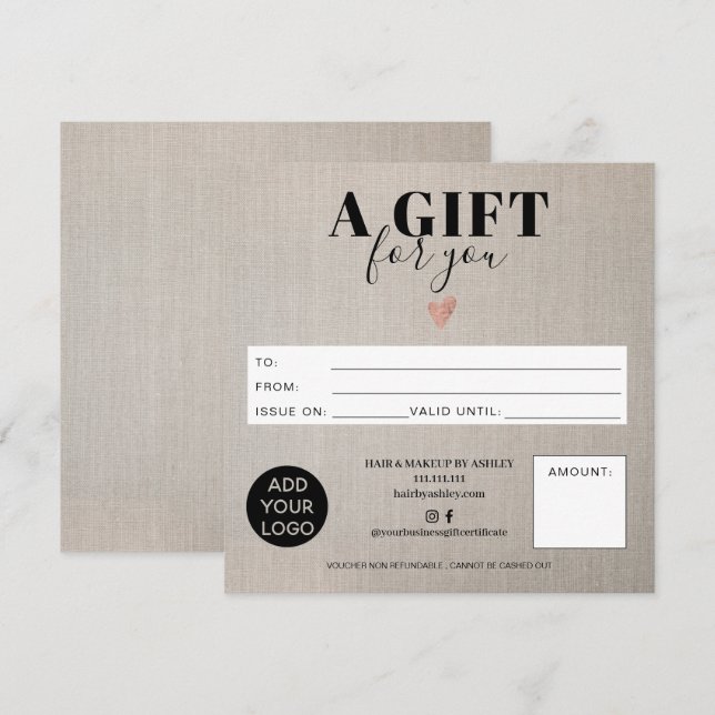 Rustic faux linen square gift certificate logo (Front/Back)