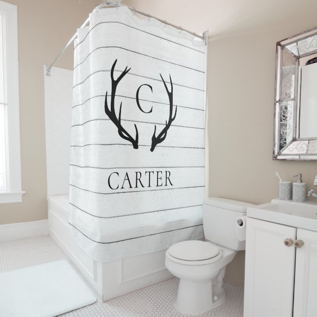 Rustic Faux Shiplap Antler Monogram | Farmhouse Shower Curtain (In Situ)
