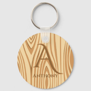 Rustic Faux Stained Brown Wood Monogrammed Custom Key Ring