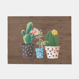 Rustic Faux Wood and Potted Cactus Doormat