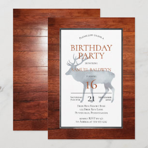Rustic Faux Wood Antlered Deer Birthday Party Invitation