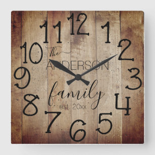 Rustic Faux Wood Barn Farmhouse Custom Family Name Square Wall Clock