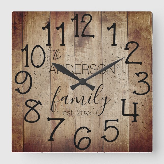 Rustic Faux Wood Barn Farmhouse Custom Family Name Square Wall Clock (Front)