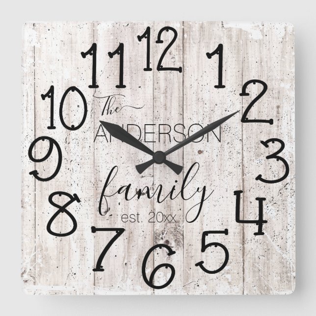 Rustic Faux Wood Barn Farmhouse Custom Family Name Square Wall Clock (Front)