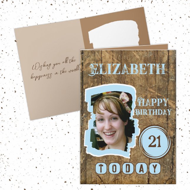 Rustic faux wood brown blue 21st birthday card (Creator Uploaded)