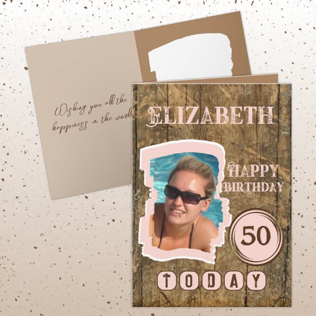 Rustic faux wood brown pink 50th birthday card (Creator Uploaded)