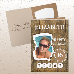 Rustic faux wood brown white 16th birthday card