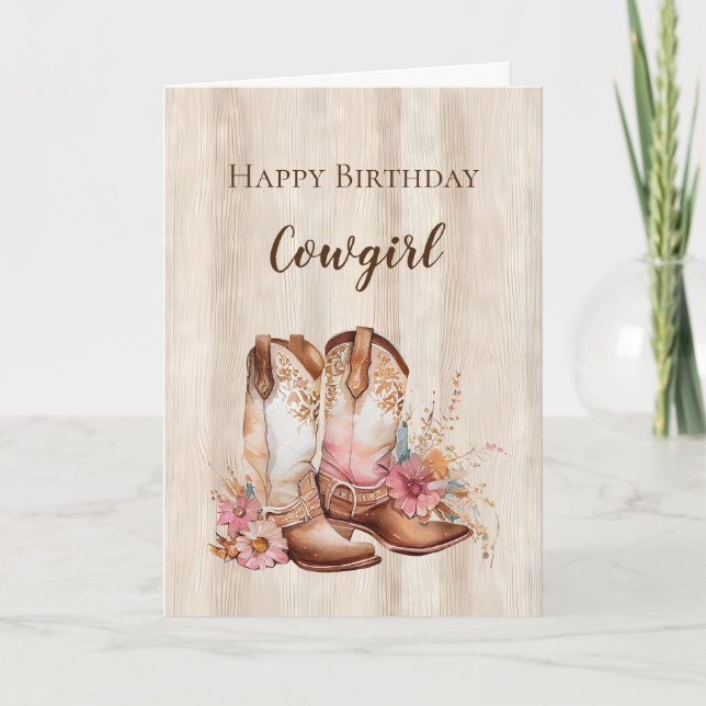 Rustic Faux Wood Cowgirl Floral Boots Birthday Card (Front)