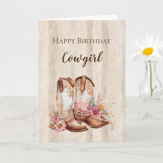 Rustic Faux Wood Cowgirl Floral Boots Birthday Card (Small Plant)