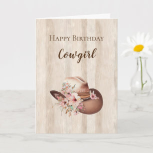 Rustic Faux Wood Cowgirl Floral Hat Birthday Card