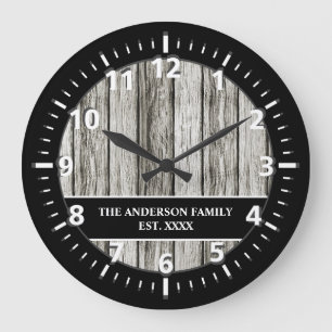 Rustic faux wood family name black grey large clock