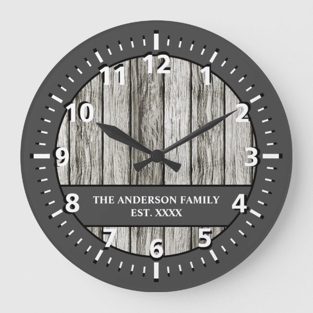Rustic faux wood family name grey white large clock (Front)