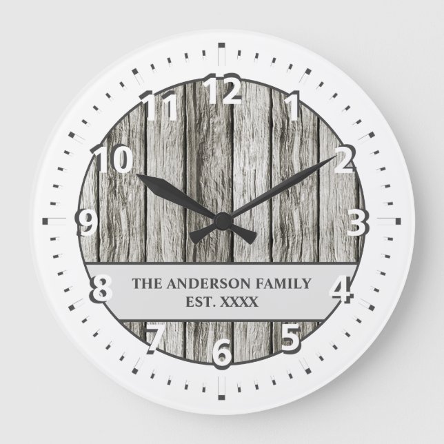 Rustic faux wood family name white grey large clock (Front)