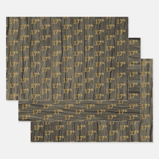 Rustic Faux Wood Grain, Elegant Faux Gold "17th" Wrapping Paper Sheet (Set)