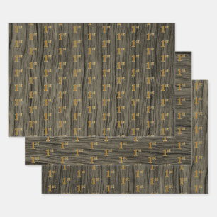 Rustic Faux Wood Grain, Elegant Faux Gold "1st" Wrapping Paper Sheet