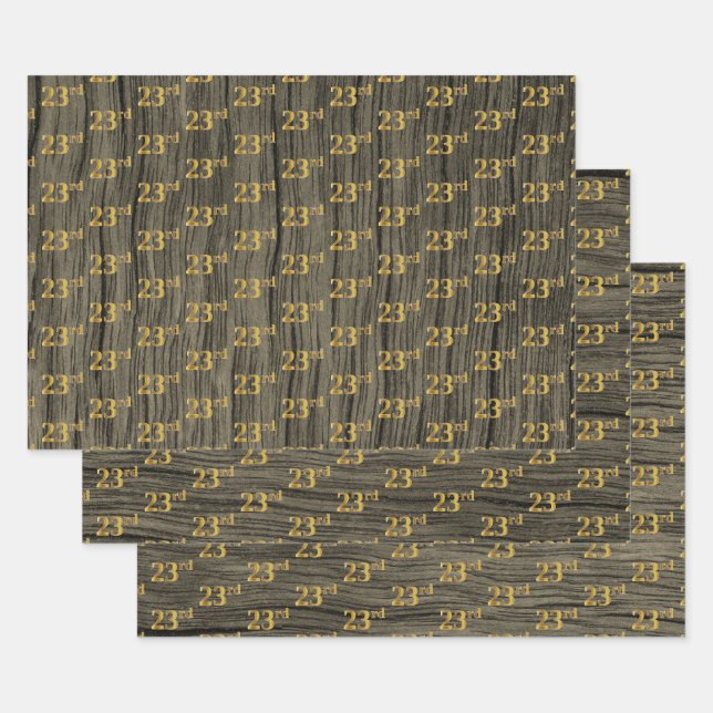 Rustic Faux Wood Grain, Elegant Faux Gold "23rd" Wrapping Paper Sheet (Set)