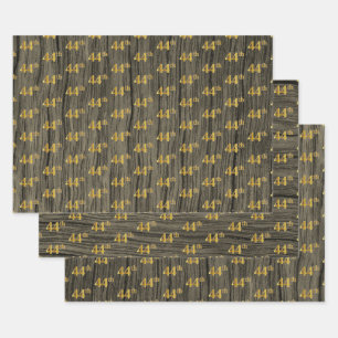 Rustic Faux Wood Grain, Elegant Faux Gold "44th" Wrapping Paper Sheet