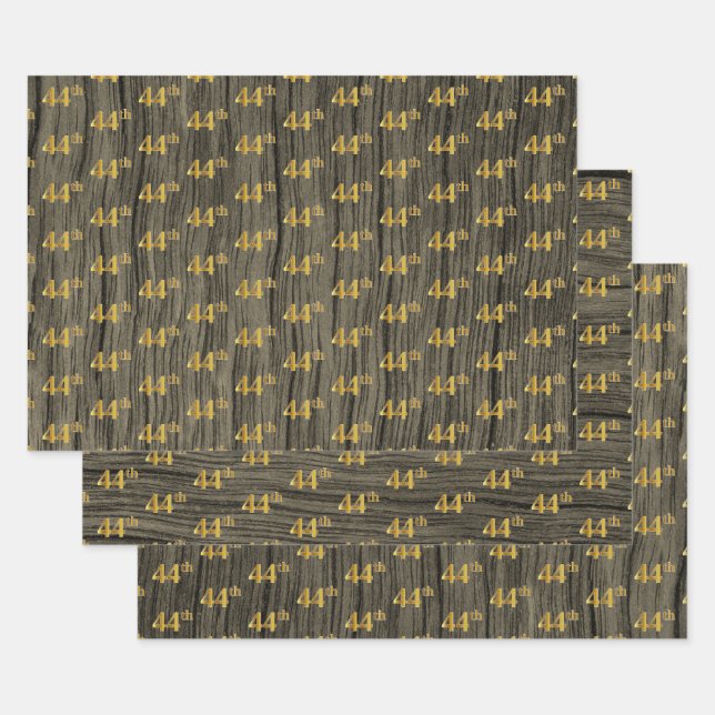 Rustic Faux Wood Grain, Elegant Faux Gold "44th" Wrapping Paper Sheet (Set)