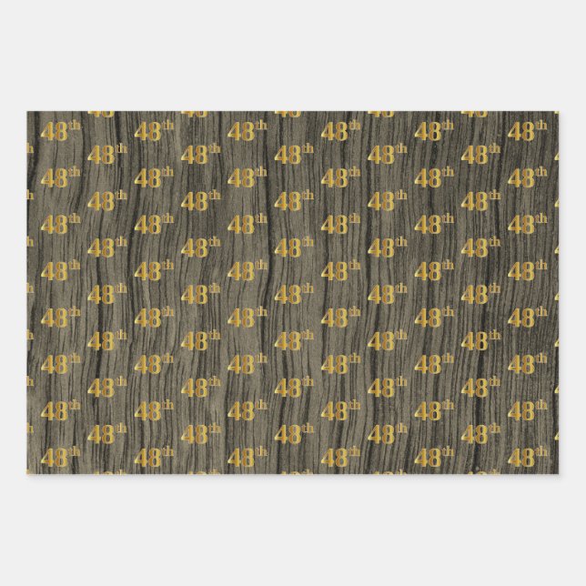 Rustic Faux Wood Grain, Elegant Faux Gold "48th" Wrapping Paper Sheet (Front)