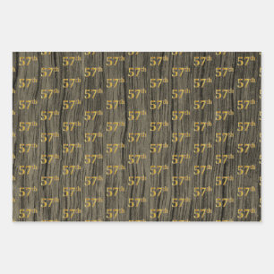 Rustic Faux Wood Grain, Elegant Faux Gold "57th" Wrapping Paper Sheet
