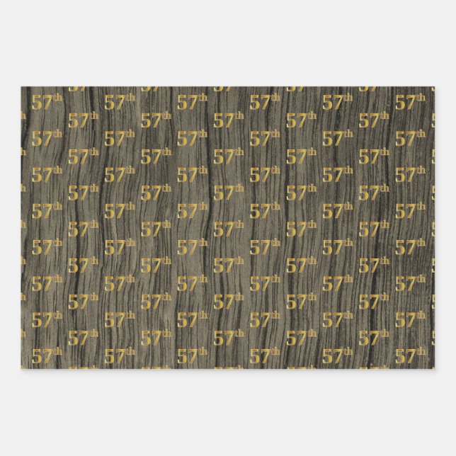 Rustic Faux Wood Grain, Elegant Faux Gold "57th" Wrapping Paper Sheet (Front)