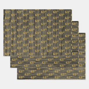 Rustic Faux Wood Grain, Elegant Faux Gold "63rd" Wrapping Paper Sheet