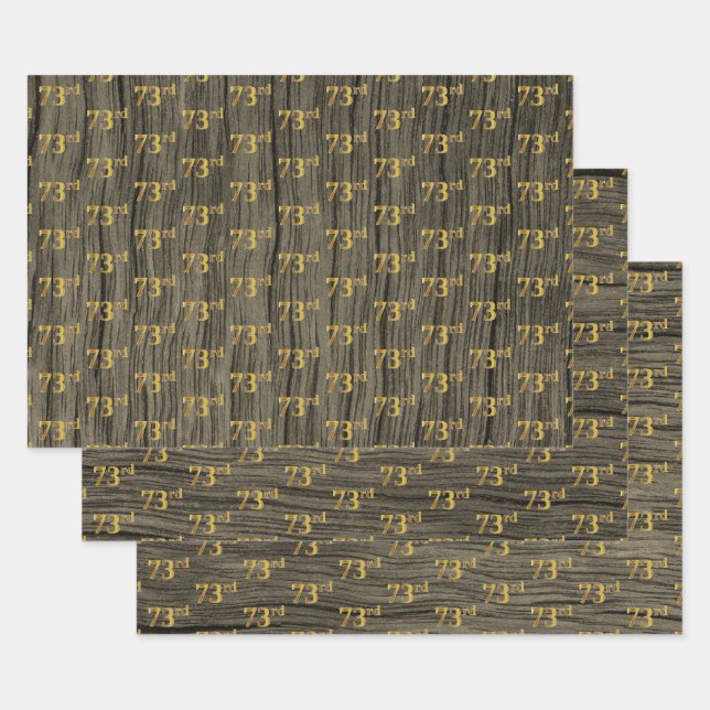 Rustic Faux Wood Grain, Elegant Faux Gold "73rd" Wrapping Paper Sheet (Set)
